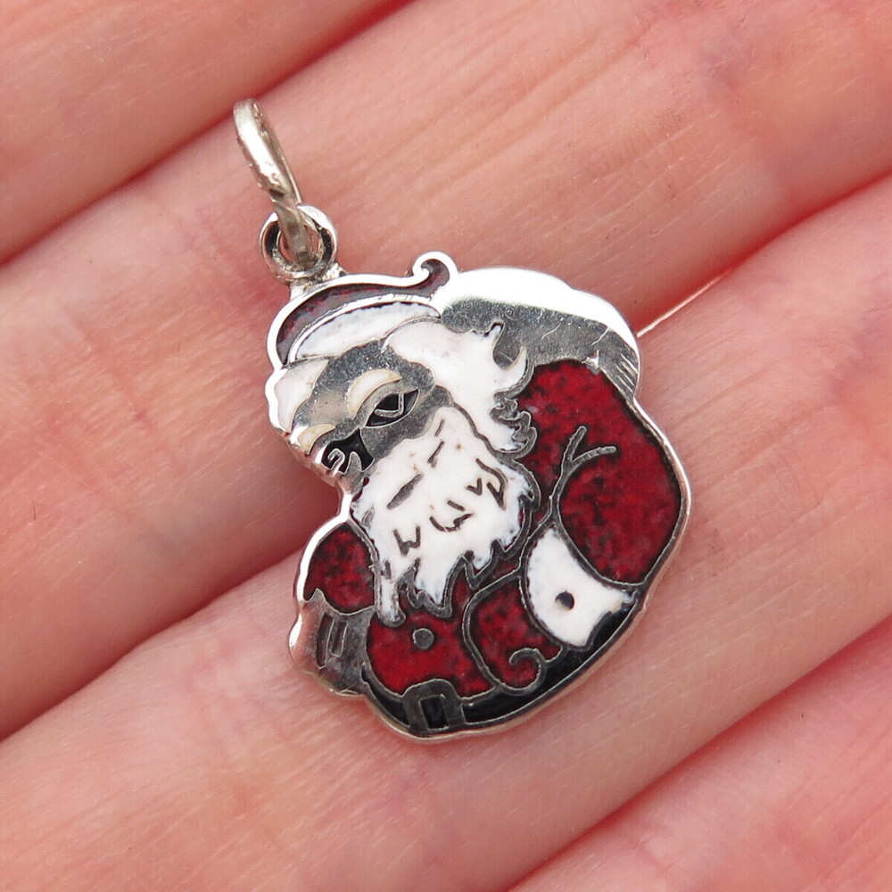 BEAU 925 Sterling Silver Vintage Enamel Santa Claus Mini Charm Pendant
